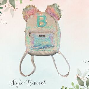 Justice “B” Initial Flip Sequin Pom Pom Adjustable Mini Backpack Bag - NWOT